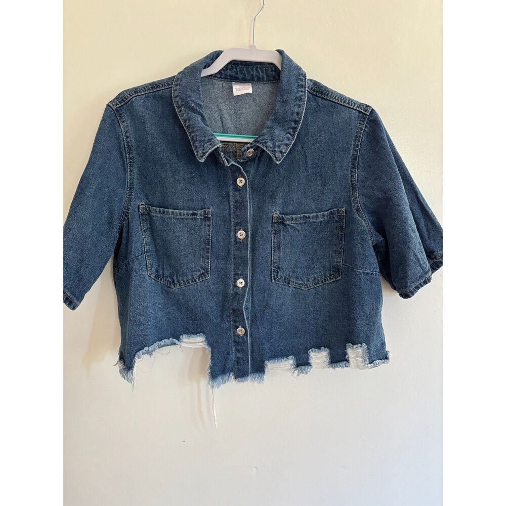 Dark wash denim shirt sleeve cropped shirt